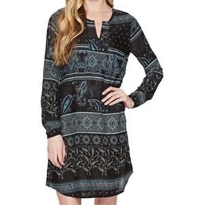 Aventura Serafina Boho Black Blue Paisley Bandana Print Long Sleeve Dress Medium